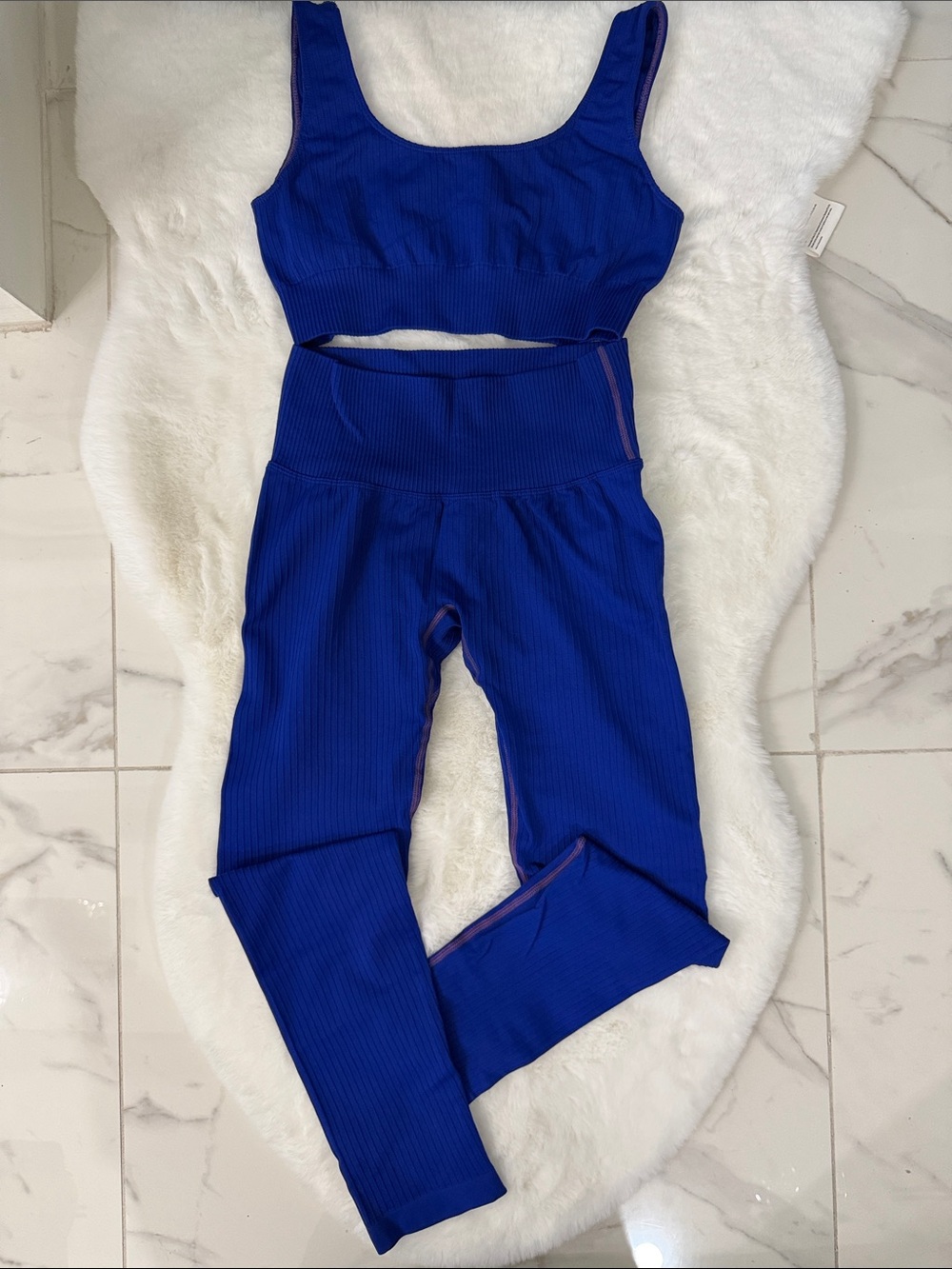 Amazon Blue Ribbed Sports Bra and High-Waist Leggings Set